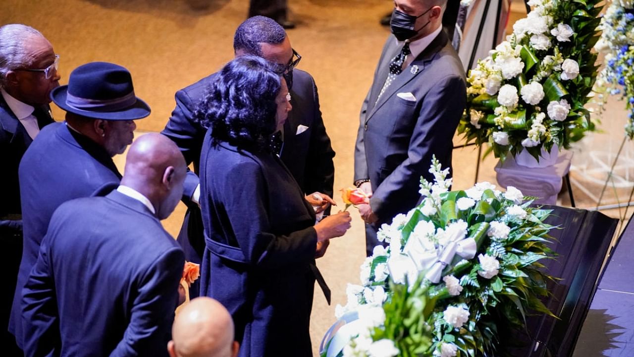 RowVaughn Wells stops in front of the casket of her son Tyre Nichols at the start of his funeral service at Mississippi Boulevard Christian Church in Memphis. Credit: Reuters Photo