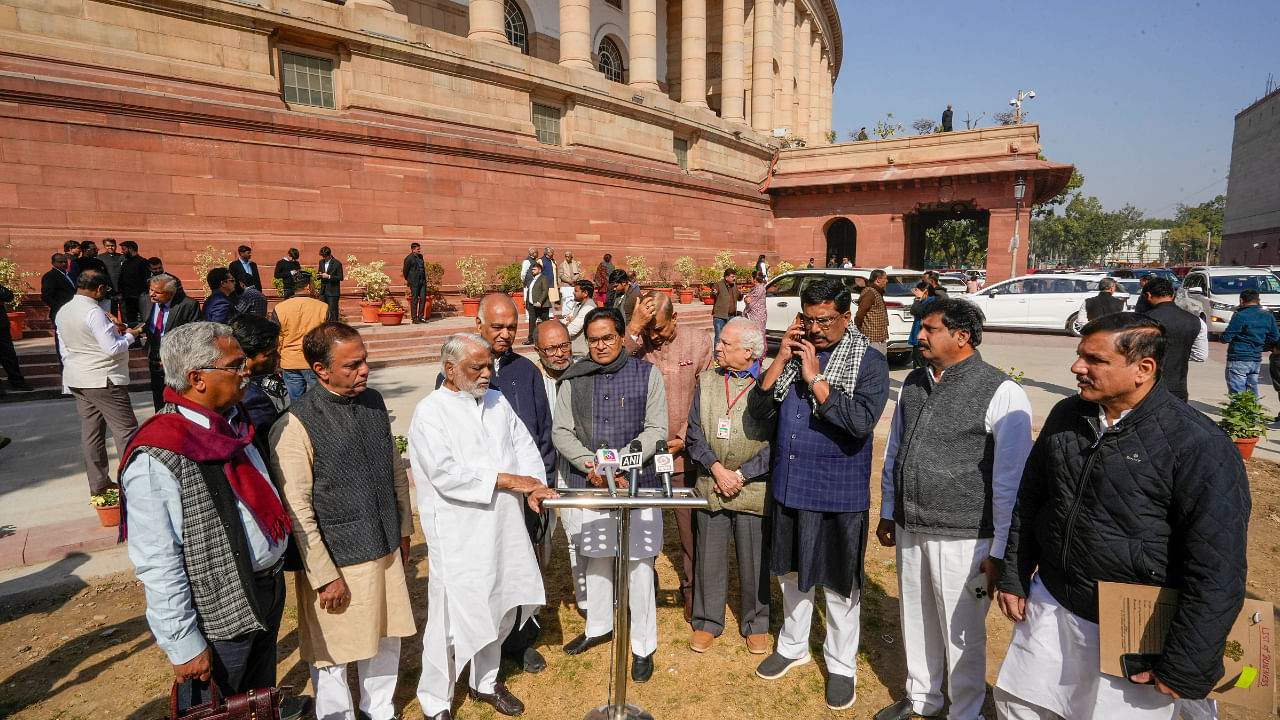 Congress MP Pramod Tiwari, Samajwadi Party MP Ramgopal Yadav with other Rajya Sabha MPs during a media interaction at Parliament House complex during Budget Session, in New Delhi. Credit: PTI photo