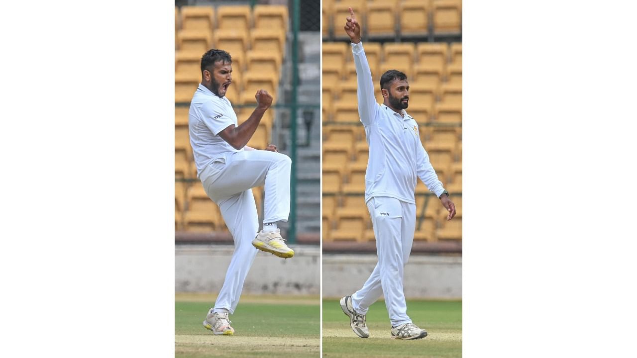 Pacer Vyshak V (left) and leggie Shreyas Gopal (right) claimed three wickets apiece to power Karnataka to an innings win against Uttarakhand in the Ranji Trophy quarterfinals at the M Chinnaswamy Stadium in Bengaluru on Friday. Credit: DH Photo/ S K Dinesh