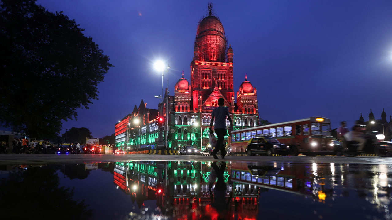 Brihanmumbai Municipal Corporation (BMC) building lit up in the colours of India's national flag on the eve of the 75th Independence Day in Mumbai. Credit: Reuters File Photo