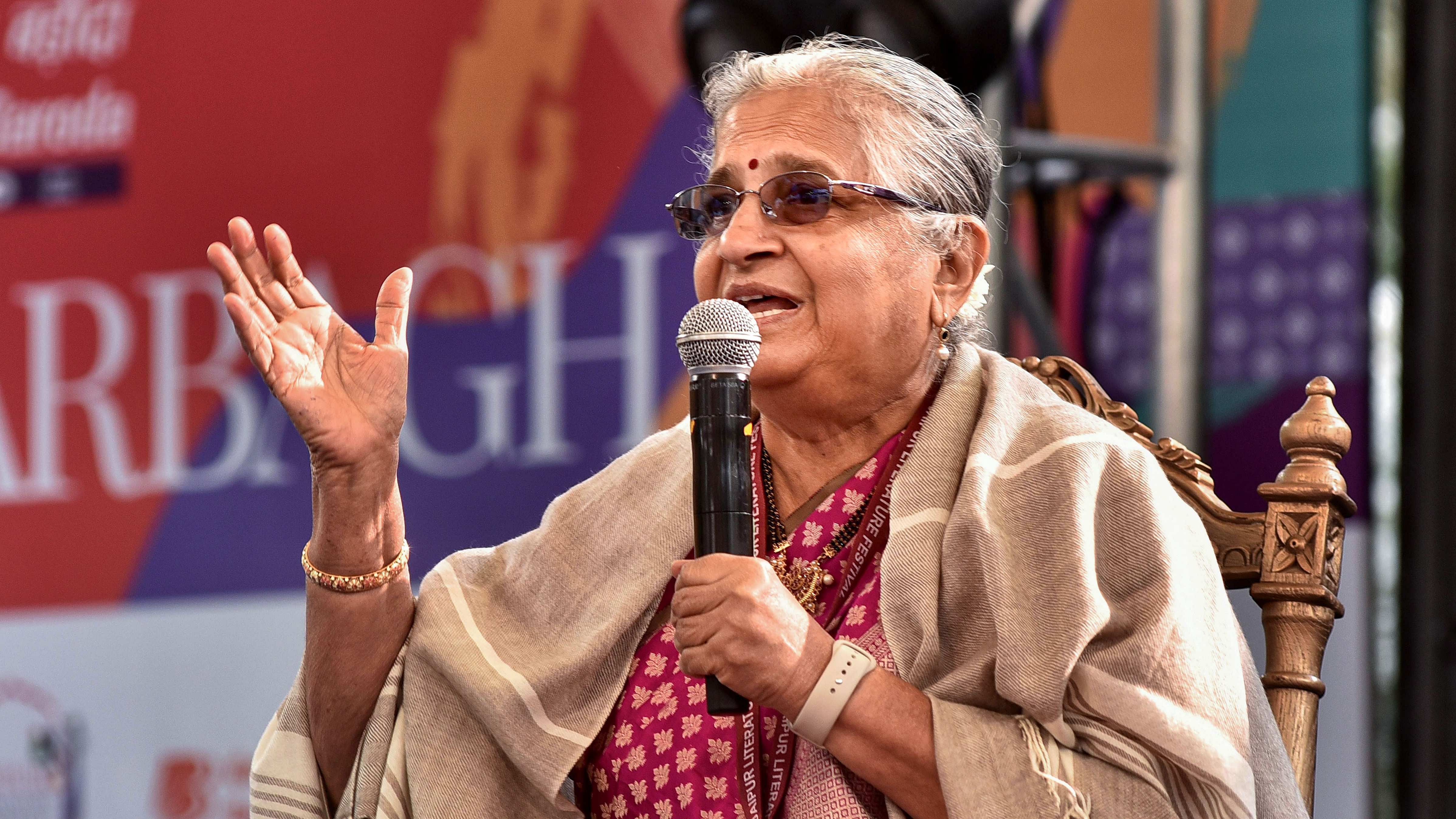 Sudha Murty speaks during the Jaipur Literature Festival. Credit: PTI Photo