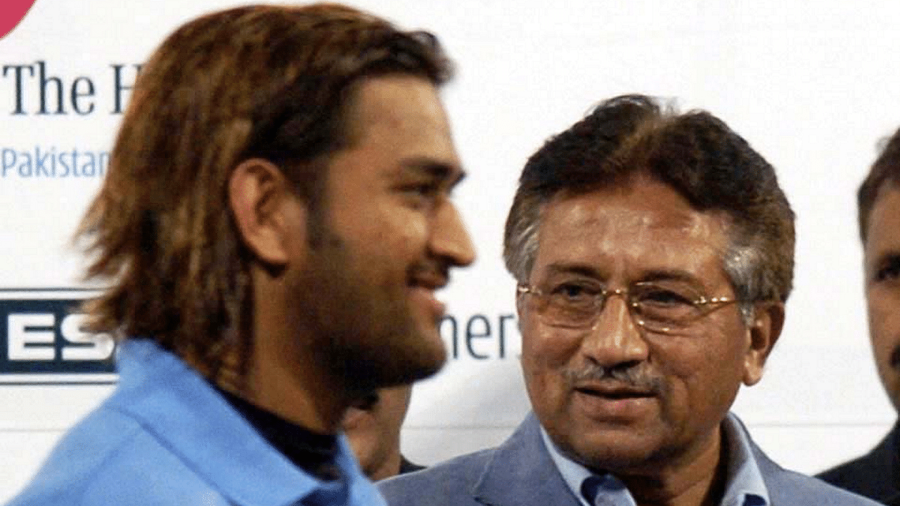 Pakistan's then President Pervez Musharraf with indian cricketer M.S. Dhoni during the ODI match played between India and Pakistan at Gaddafi Stadium in Lahore, Pakistan. Credit: PTI File Photo