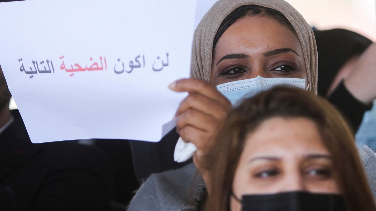 Iraqi female activists protest after the death of Tiba al-Ali, a 22-year-old Iraqi blogger, killed by her father, in Baghdad, Iraq, February 5, 2023. Credit: Reuters Photo