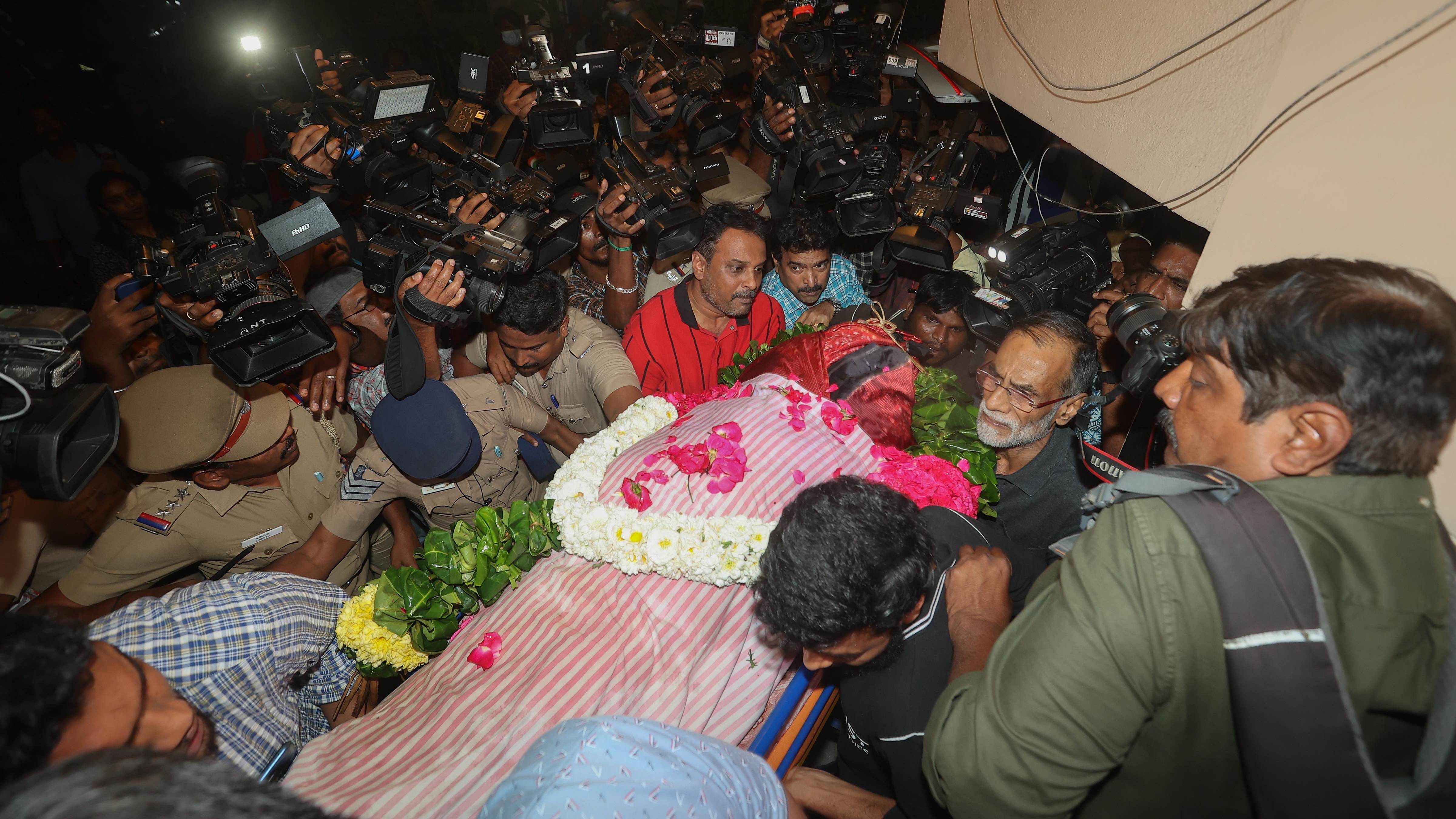 Mortal remains of veteran playback singer Vani Jairam have been brought back to her residence from a hospital after postmortem. Credit: PTI Photo