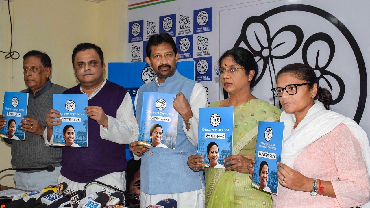 TMC MP Sushmita Dev along with others releases party's manifesto for the upcoming Tripura Assembly elections, in Agartala. Credit: PTI Photo