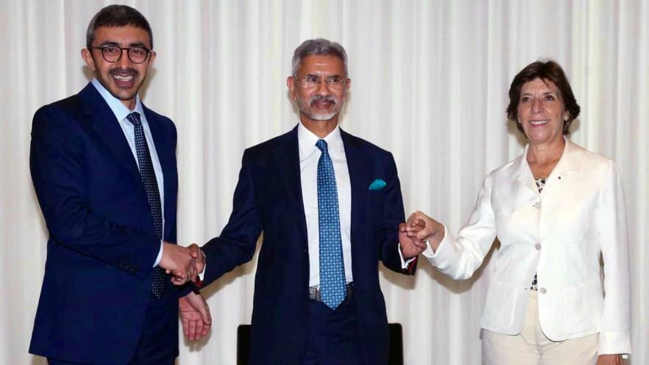 External Affairs Minister S Jaishankar and his French and Emirati counterparts – Catherine Colonna and Sheikh Abdullah bin Zayed Al Nahyan. Credit: Twitter/@DrSJaishankar