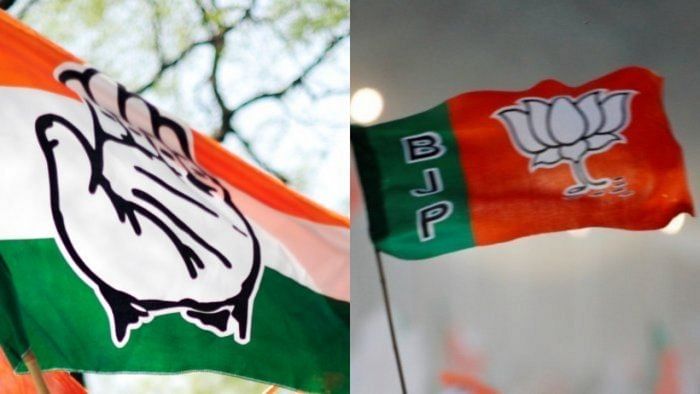 Congress and BJP flags. Credit: Reuters Photos