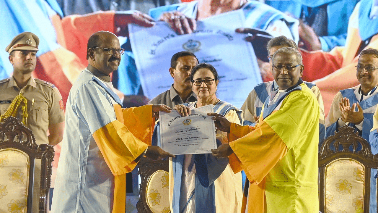 West Bengal Governor CV Ananda Bose and Chief Minister Mamata Banerjee during the 4th convocation of St. Xavier's University in Kolkata. Credit: IANS Photo