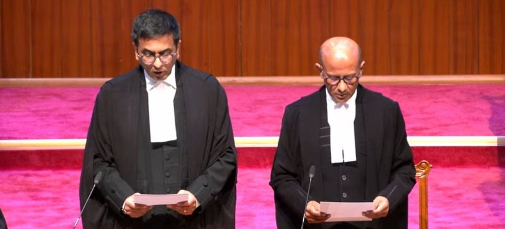 CJI DY Chandrachud administers the oath of office to Justice PV Sanjay Kumar as a Supreme court judge. Credit: Twitter/@barandbench