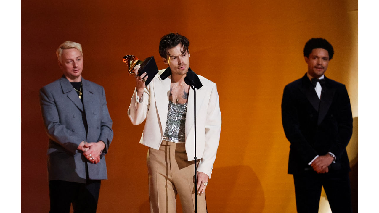 Harry Styles accepts the Album Of The Year award for "Harry's House" during the 65th Annual Grammy Awards. Credit: Reuters Photo
