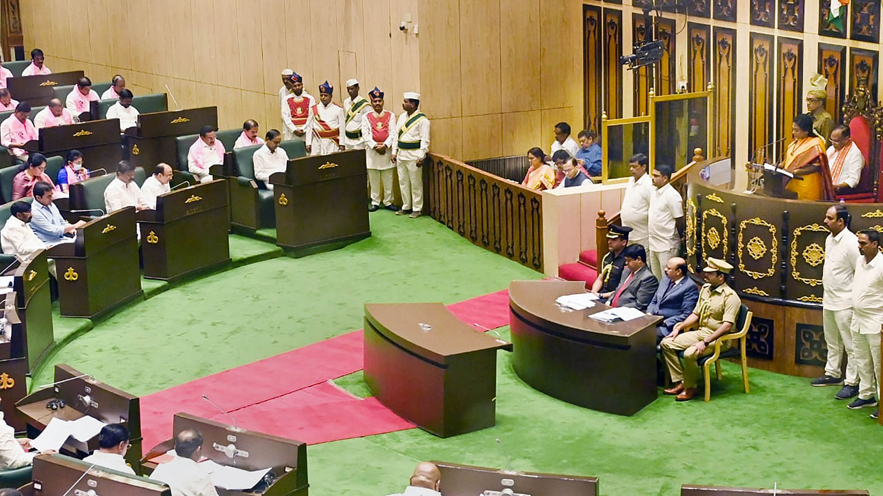Telangana Governor Tamilsai Soundararajan addresses a joint session of Legislative Assembly and Legislative Council on the first day of the State Budget Session, in Hyderabad. Credit: PTI Photo