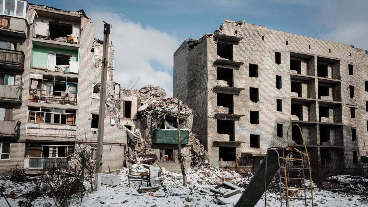Destroyed building remains in Chasiv Yar amid the Russian invasion of Ukraine. Credit: AFP Photo