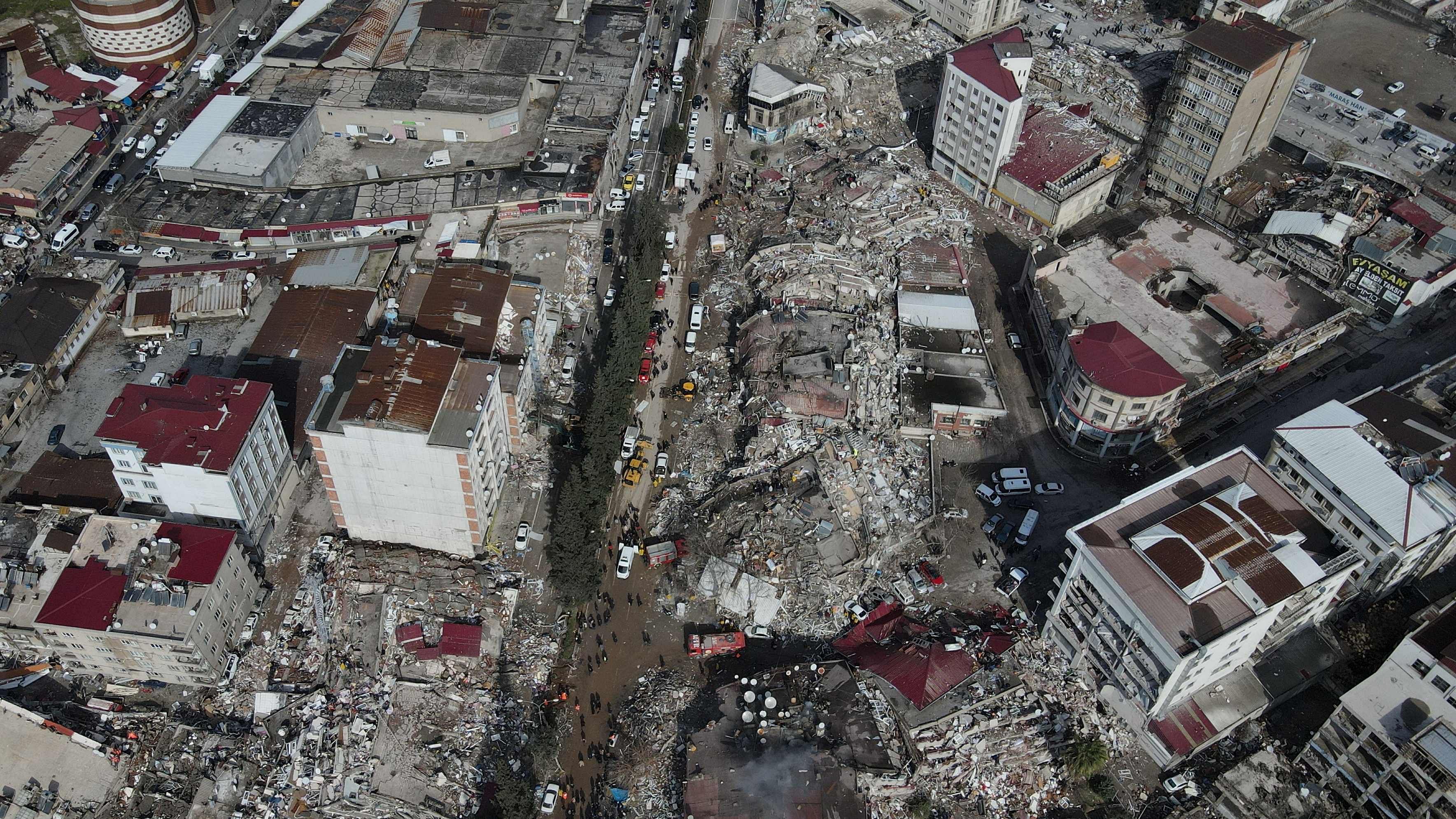 An aerial view shows damaged and collapsed buildings following an earthquake, in Kahramanmaras, Turkey. Credit: Reuters Photo