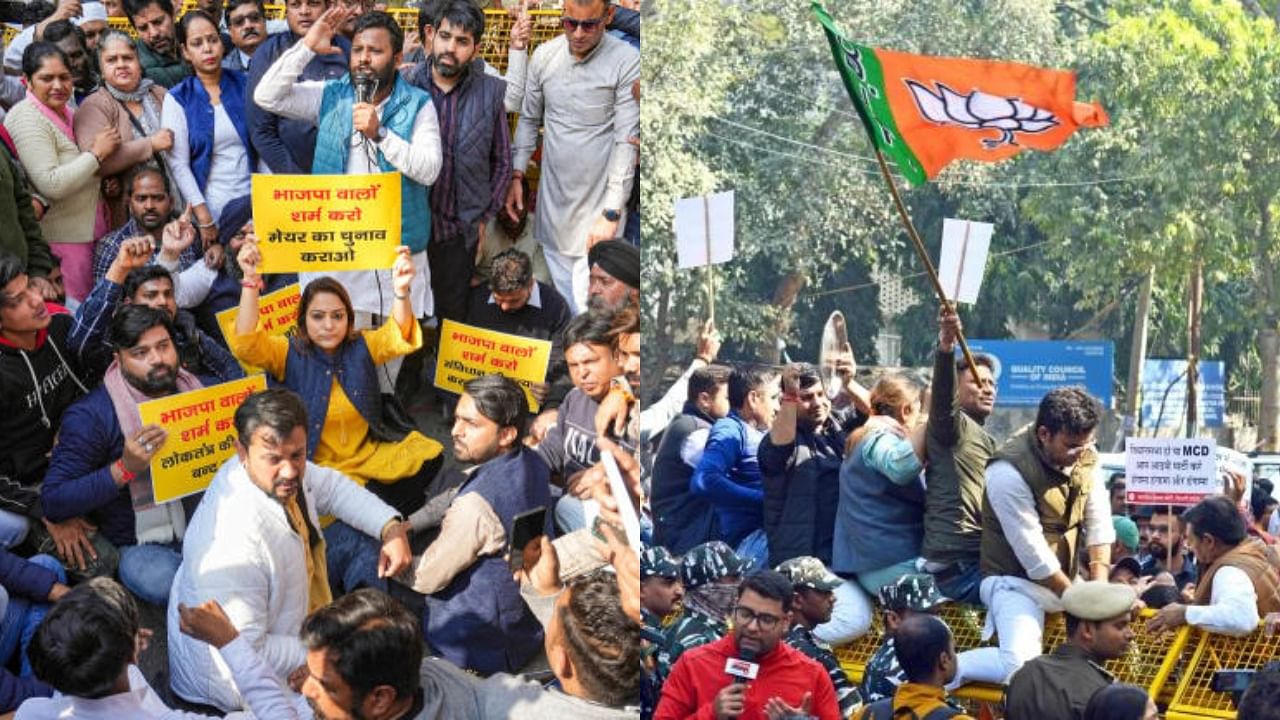 AAP and BJP hold protests over MCD mayoral election. Credit: PTI, IANS Photos