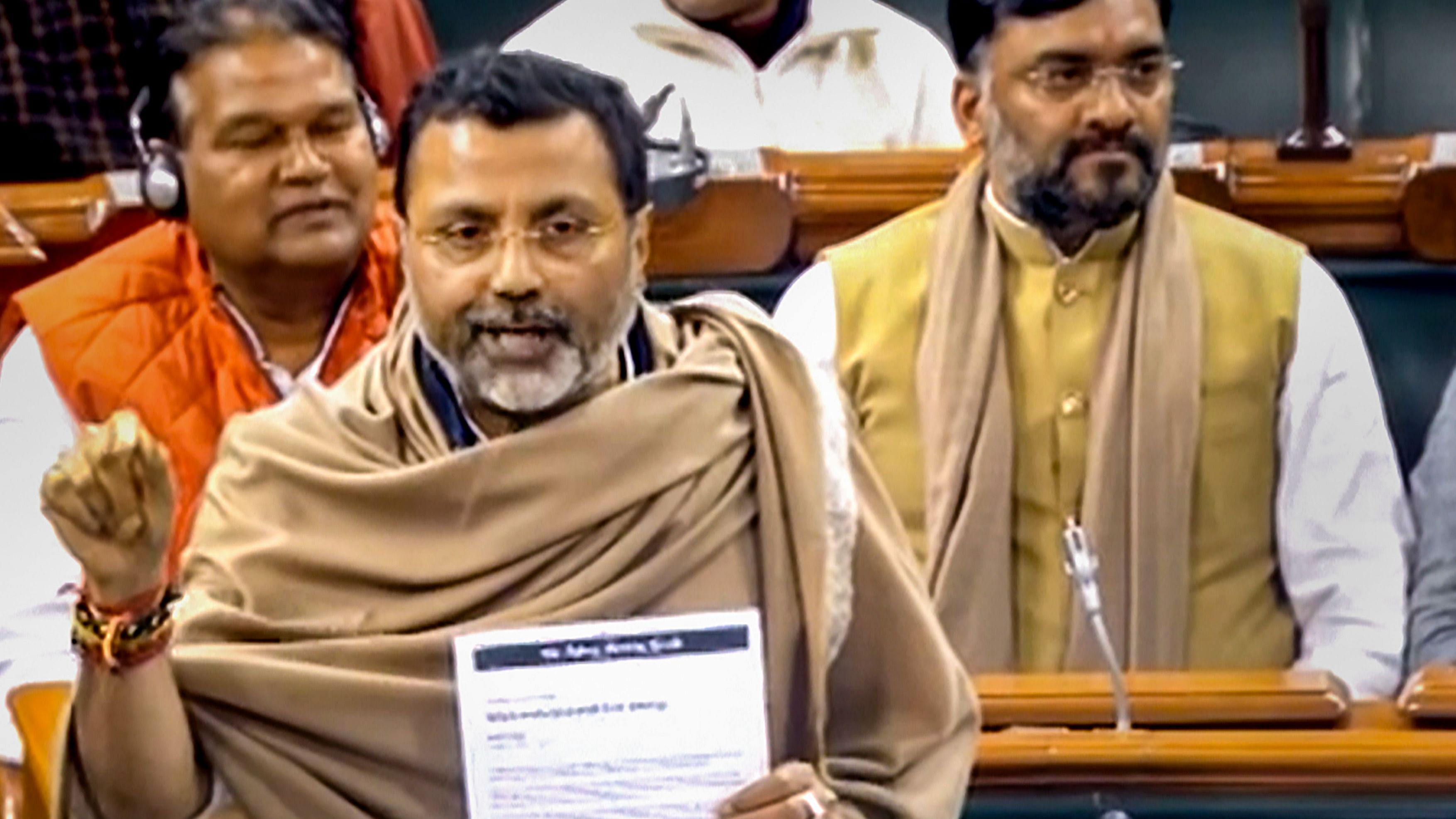  BJP MP Nishikant Dubey speaks in the Lok Sabha during Budget Session of Parliament. Credit: PTI Photo