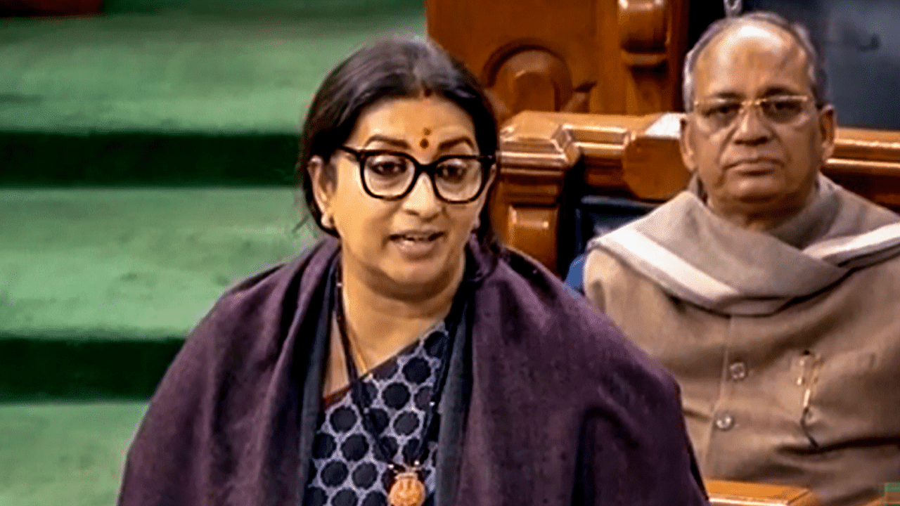  Union Minister Smriti Irani speaks in the Lok Sabha during Budget Session of Parliament. Credit: PTI Photo