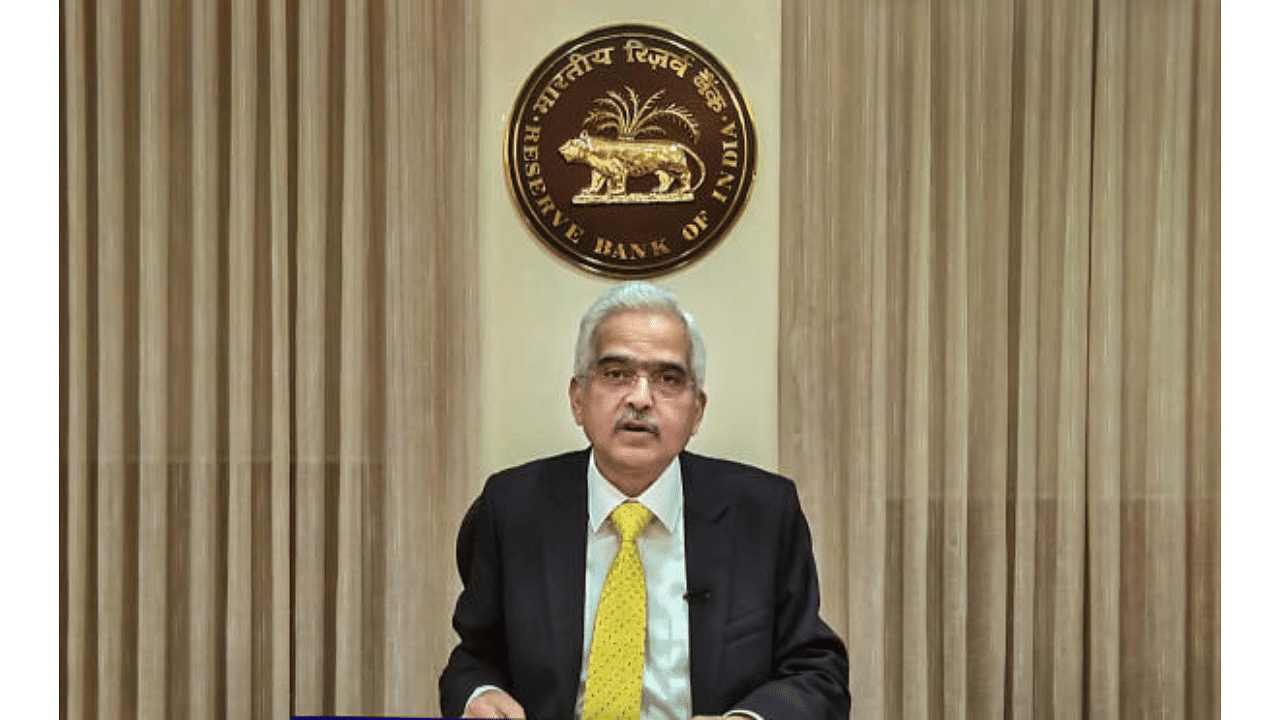 Reserve Bank of India Governor Shaktikanta Das speaks during a press conference announcing the central bank's monetary policy statement. Credit: PTI Photo