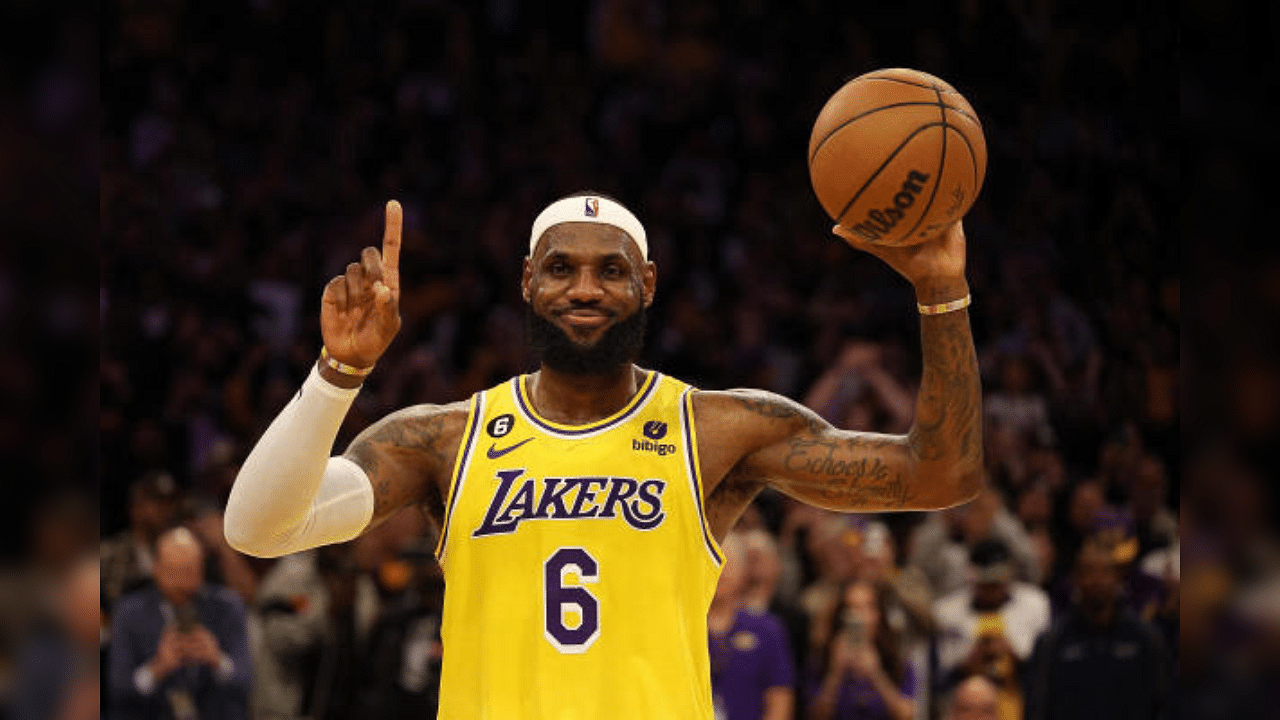 LeBron James reacts after passing Kareem Abdul-Jabbar as the NBA's all-time leading scorer. Credit: Getty Images