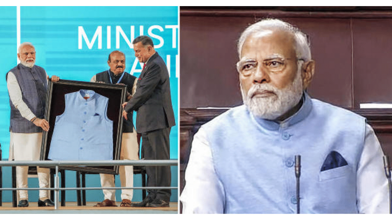 Prime Minister Narendra Modi wore a blue jacket made from recycled plastic bottles, in the Rajya Sabha during Budget Session of Parliament. Credit: PTI Photo