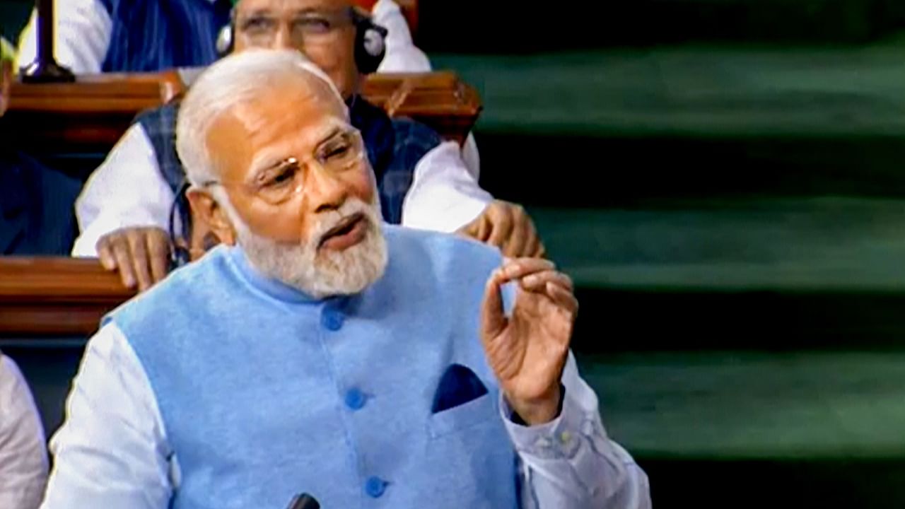 Prime Minister Narendra Modi replies to the Motion of Thanks on the President's address in the Lok Sabha during Budget Session of Parliament, in New Delhi, Wednesday, Feb. 8, 2023. Credit: PTI Photo