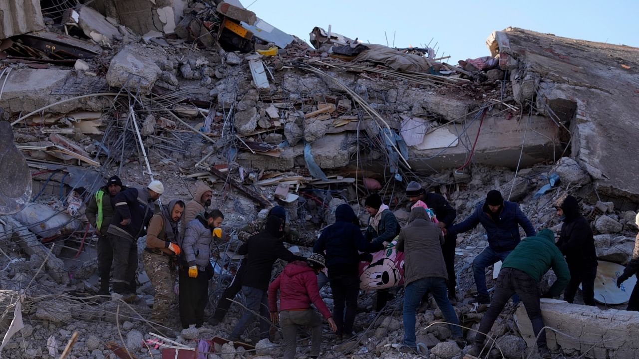 People carry a dead body from a collapsed building in Kahramanmaras, southern Turkey, Wednesday, Feb. 8, 2023. Credit: AP/PTI Photo