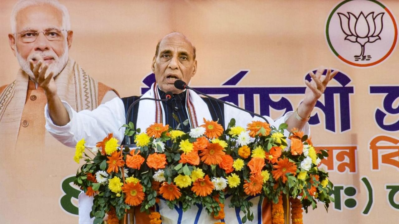 Defence Minister Rajnath Singh addresses a public rally ahead Assmbly polls, in Agartala. Credit: PTI Phoot