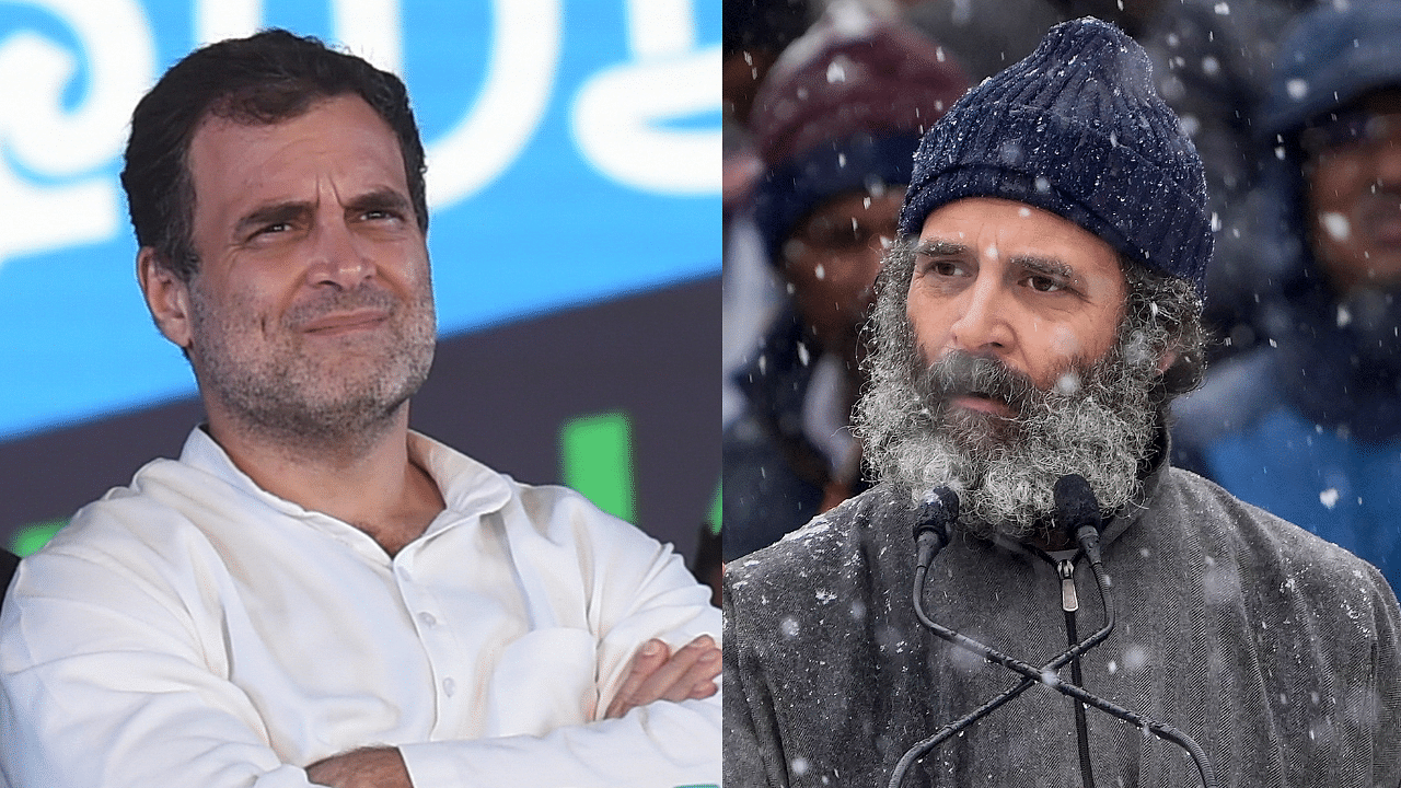 Rahul Gandhi during the launch of 'Bharat Jodo Yatra', in Kanyakumari (L) and Gandhi speaks at a public meeting amid heavy snowfall as he concludes the 'Bharat Jodo Yatra' march in Srinagar. Credit: PTI Photos