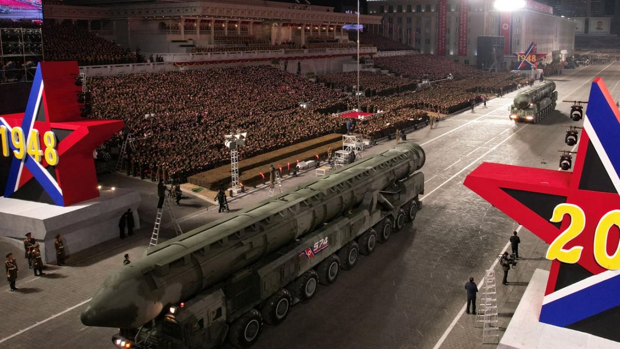 Missiles are displayed during a military parade to mark the 75th founding anniversary of North Korea's army. Credit: Reuters 