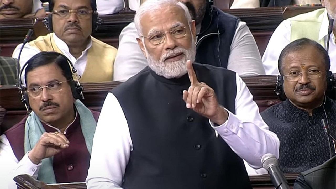 Prime Minister Narendra Modi speaks in Rajya Sabha. Credit: IANS Photo
