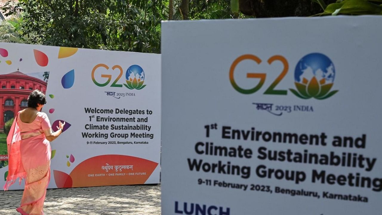 Posters of the 1st Environment and Climate Sustainability working group meeting under India’s G20 Presidency in Bengaluru. Credit: PTI Photo