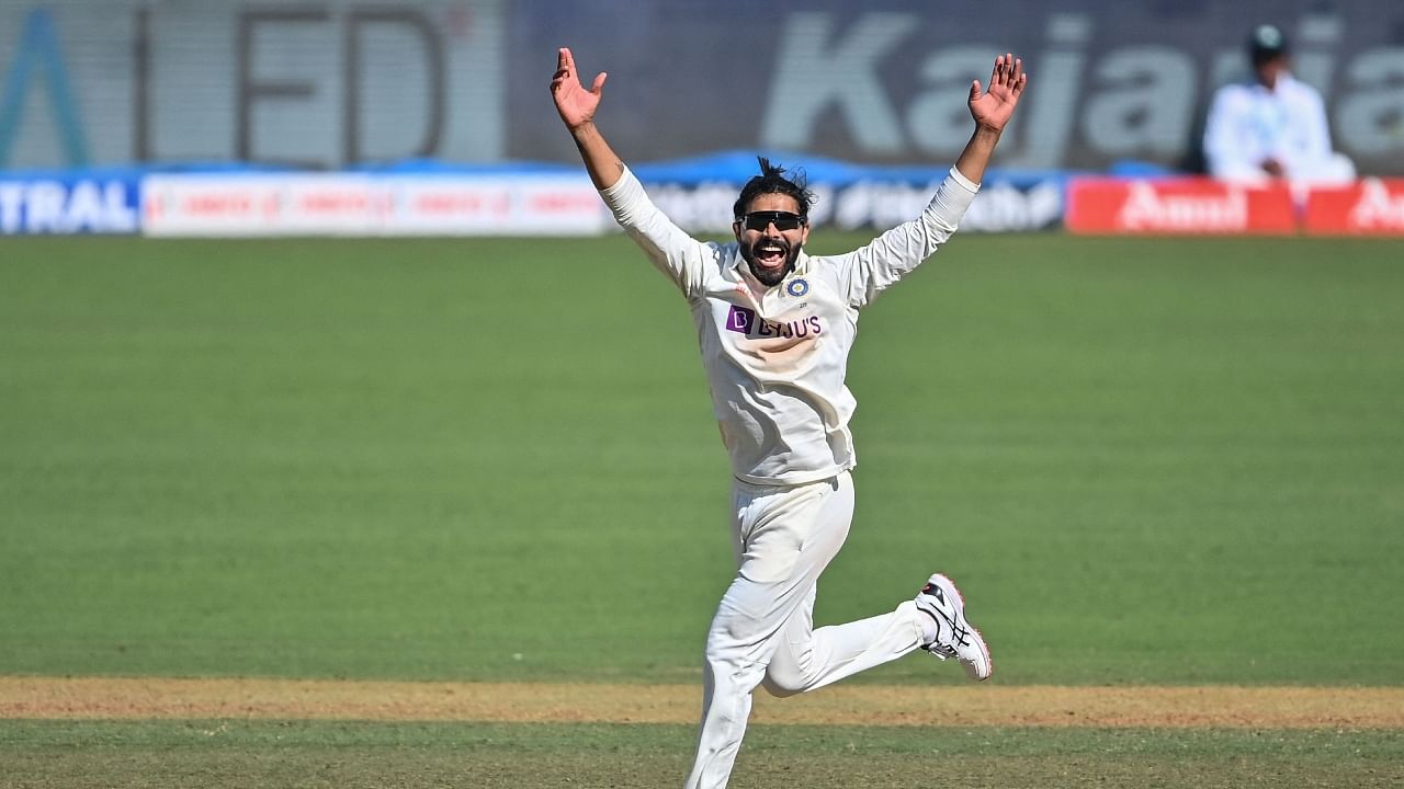 India's Ravindra Jadeja celebrates his fifth wicket, after the dismissal of Australia's Peter Handscomb (not pictured) during the first day of the first Test cricket match between India and Australia at the Vidarbha Cricket Association (VCA) Stadium in Nagpur on February 9, 2023. Credit: AFP Photo