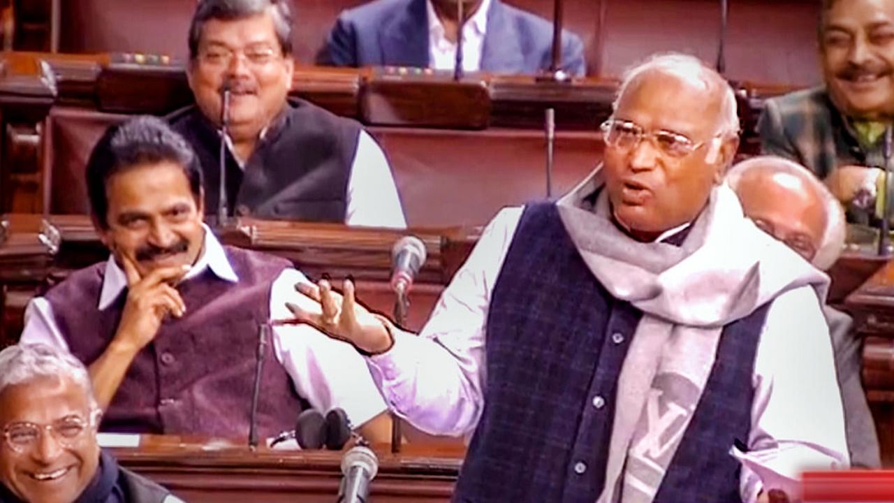 Congress MP Mallikarjun Kharge speaks in the Rajya Sabha during Budget Session of Parliament, in New Delhi, Wednesday, Feb. 8, 2023. Credit: PTI Photo