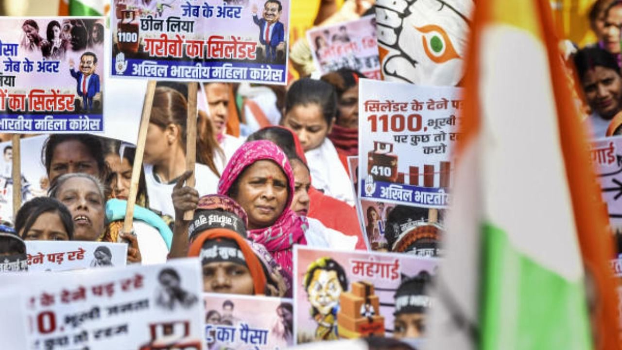 Members of Akhil Bharatiya Mahila Congress stage a protest at Jantar Mantar against employment and other issues, in New Delhi, February 9, 2023. Credit: PTI Photo
