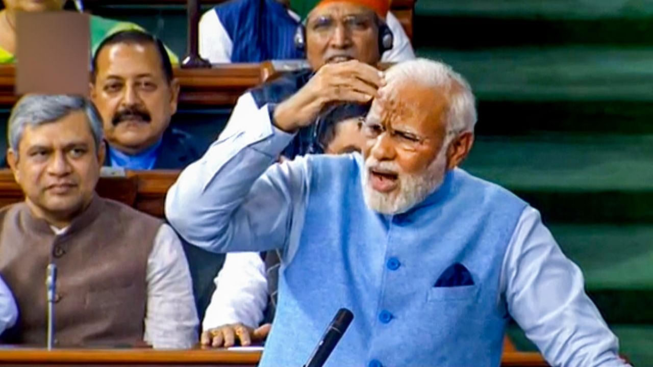 PM Modi addresses Lok Sabha during Budget session. Credit: PTI Photo