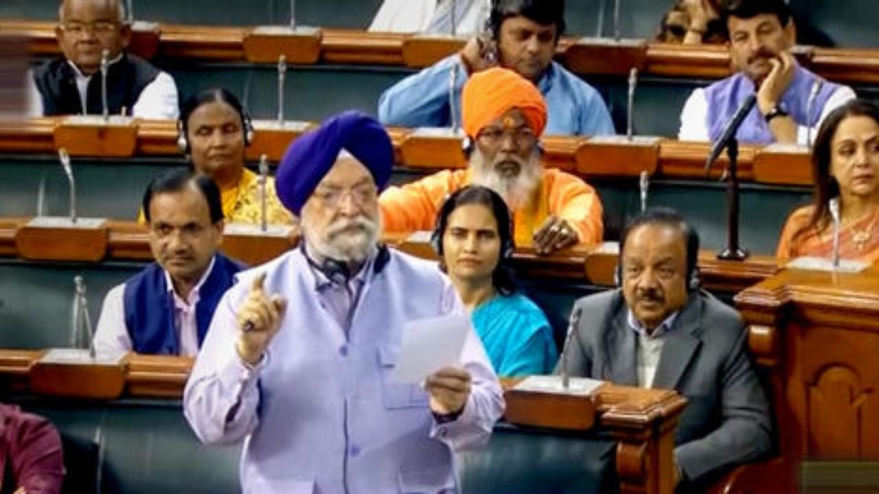 Union Minister for Petroleum and Natural Gas Hardeep Singh Puri speaks in the Lok Sabha during the Budget Session of Parliament, in New Delhi, February 9, 2023. Credit: PTI Photo