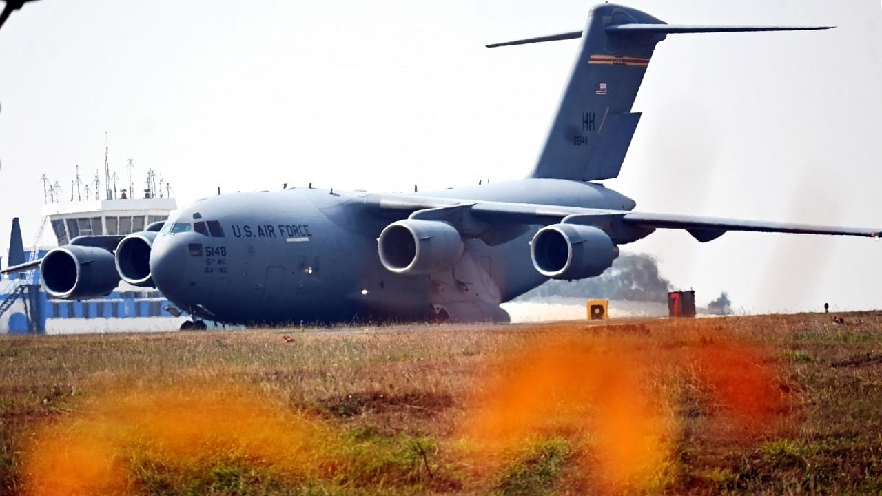 A US Air Force cargo plane during a rehearsal ahead of Aero India 2023 air show, at Yelahanka Airbase in Bengaluru on Wednesday, Feb. 08, 2023. Credit: IANS Photo
