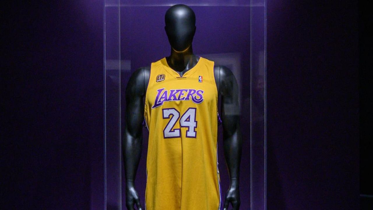 A jersey that belonged to late basketball star Kobe Bryant is displayed at Sotheby's auction house in New York City. Credit: AFP Photo