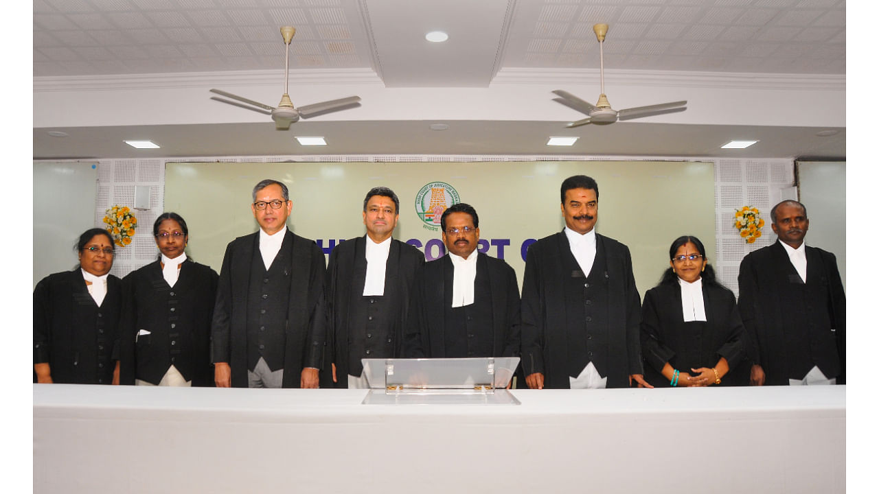 L Victoria Gowri (2nd R) with other judges after she was sworn in as an additional judge of the Madras High Court. Credit: PTI Photo