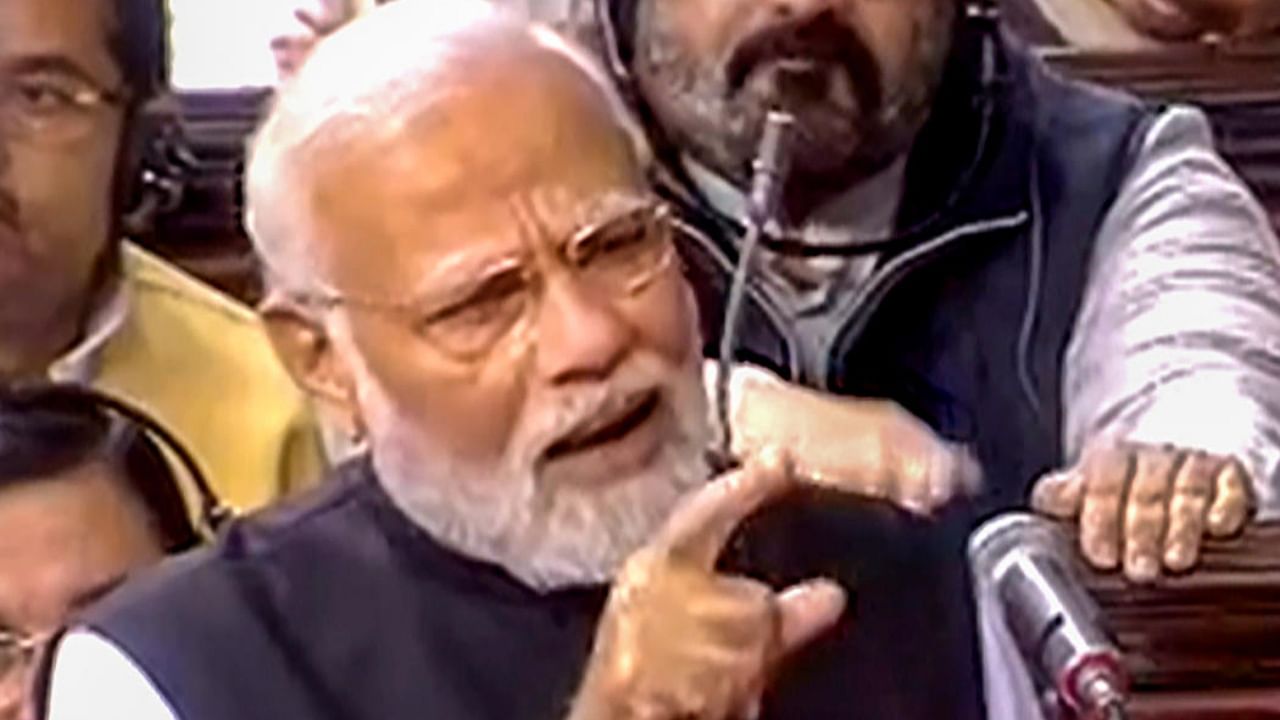 Prime Minister Narendra Modi replies to the Motion of Thanks on the President's address in the Rajya Sabha during Budget Session of Parliament. Credit: PTI Photo