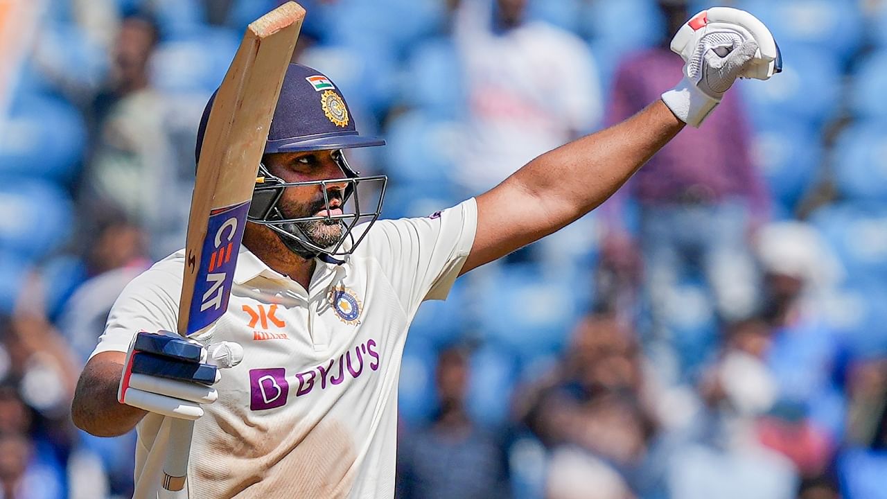 Indian captain Rohit Sharma celebrates his century during the 2nd day of the 1st test cricket match between India and Australia, at Vidarbha Cricket Association Stadium in Nagpur, Friday, Feb. 10, 2023. Credit: PTI Photo