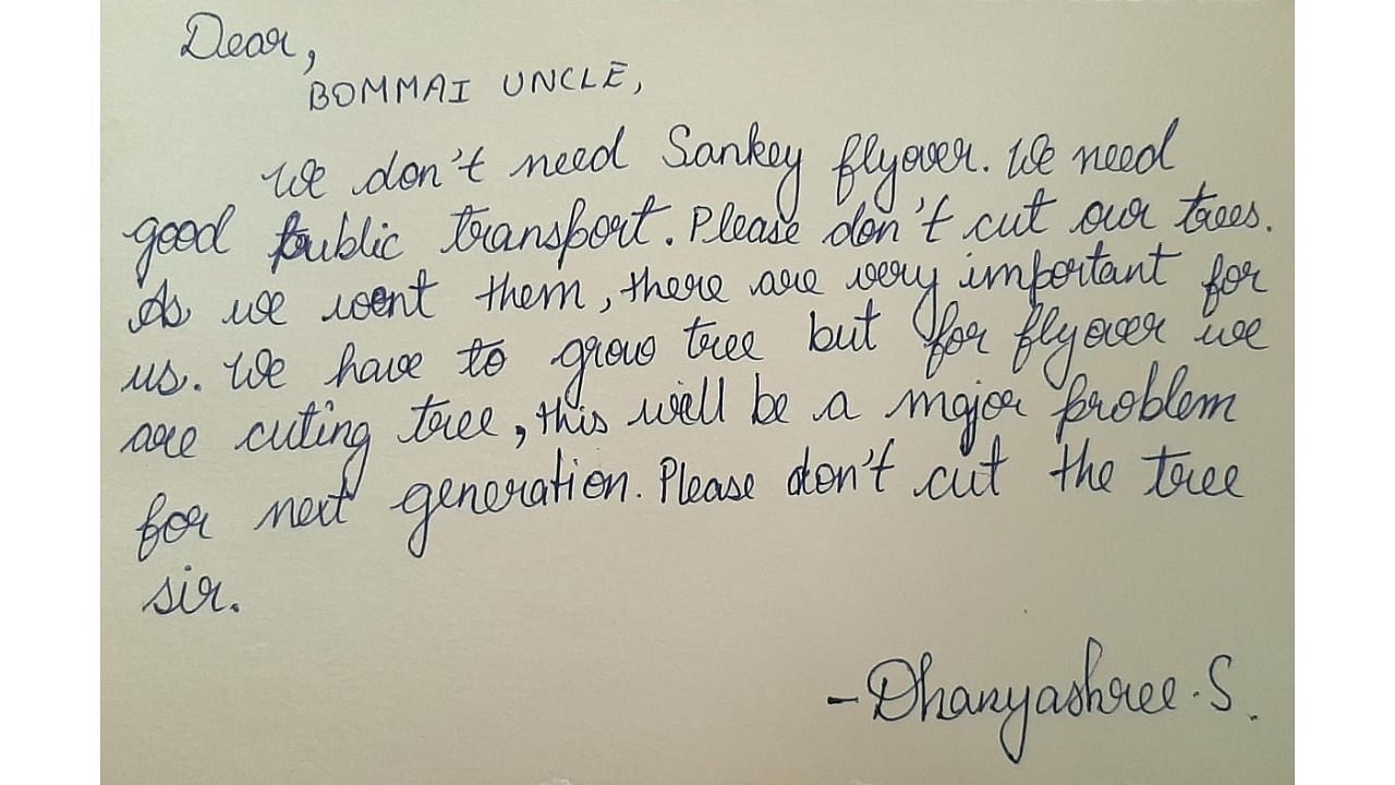 Children from schools in the vicinity of Sankey Road have written to Chief Minister B S Bommai, requesting him to drop the flyover project. Credit: Special arrangement