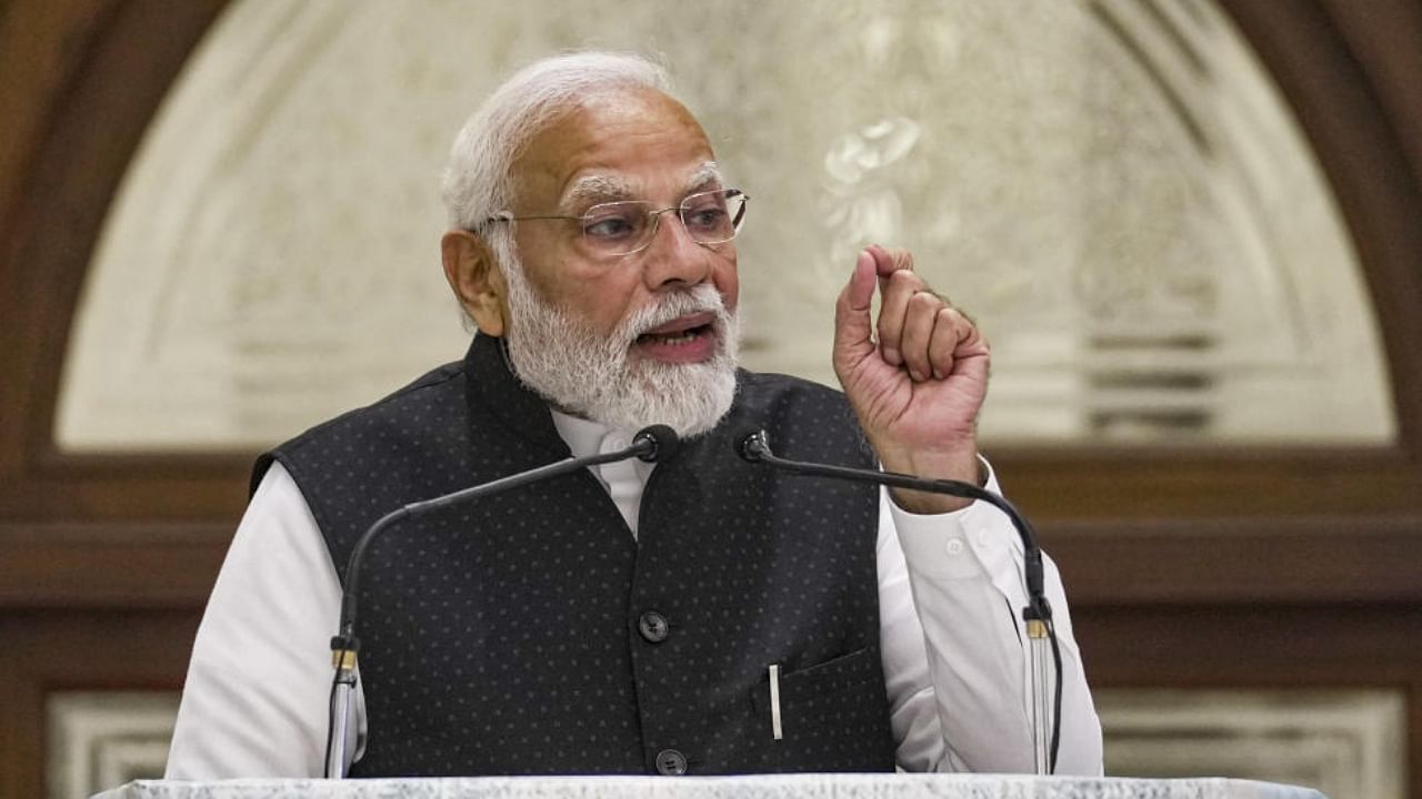 Prime Minister Narendra Modi speaks during the inauguration of the Dawoodi Bohra community’s Arabic Academy. Credit: PTI Photo