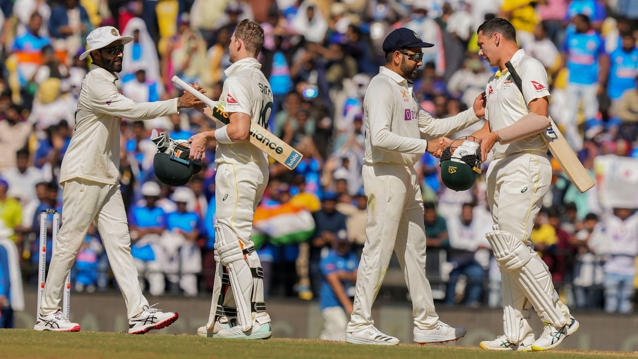 India and Australia players after the end of the 1st Test cricket match at Vidarbha Cricket Association Stadium in Nagpur, Saturday, Feb. 11, 2023. Credit: PTI Photo