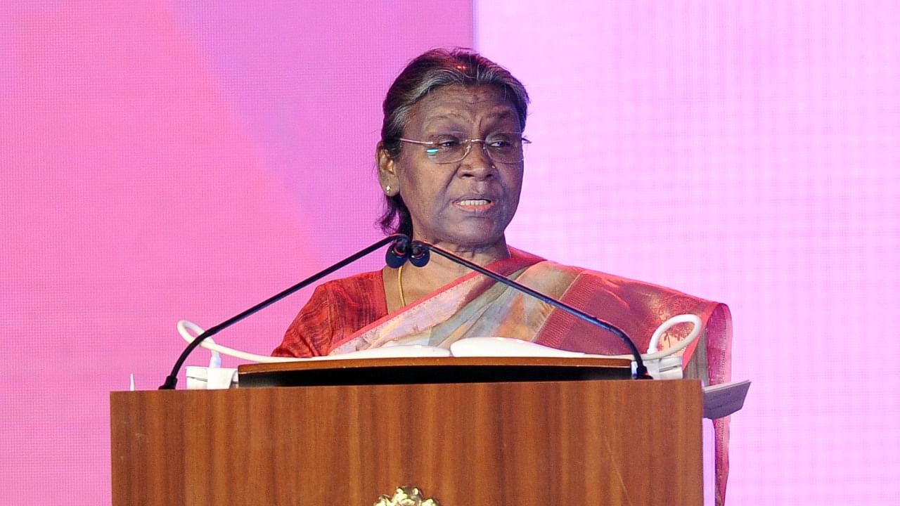 President Droupadi Murmu addresses during the closing ceremony of UP Global Investors Summit in Lucknow, on Sunday, February 12, 2023. Credit: IANS Photo