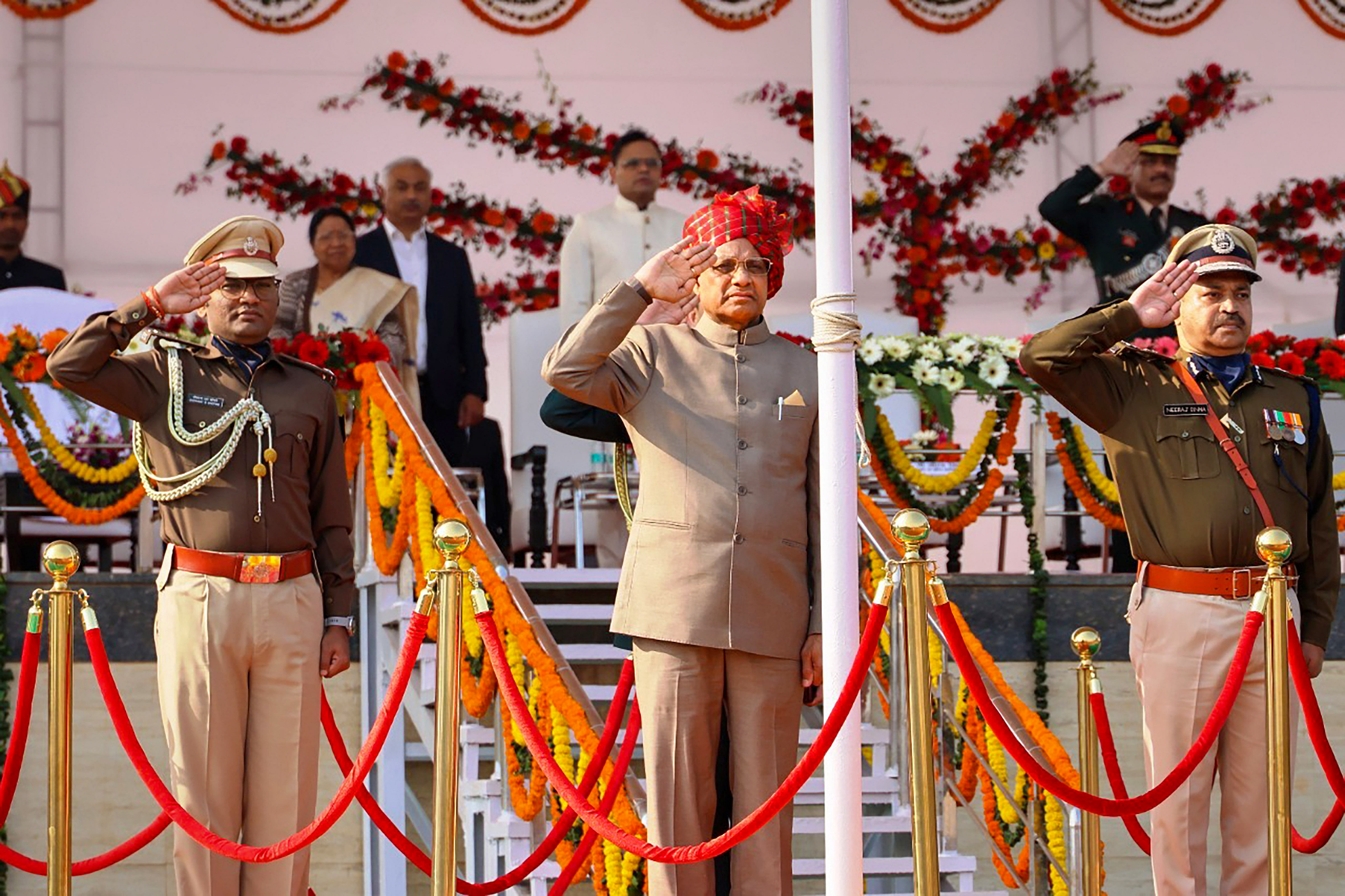Ramesh Bais takes the salute during the 74th Republic Day parade, in Ranchi. Credit: PTI File Photo