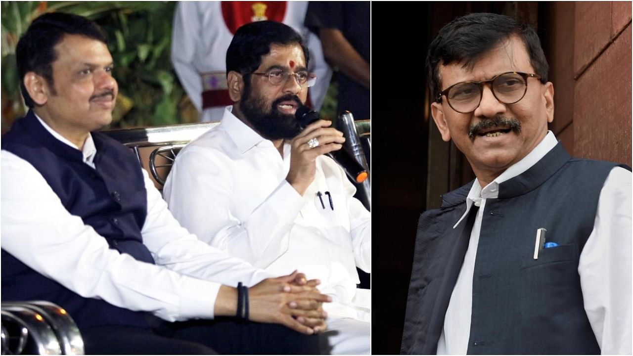 Devendra Fadnavis and Eknath Shinde (L) and Shiv Sena (UBT) leader Sanjay Raut. Credit: PTI Photo