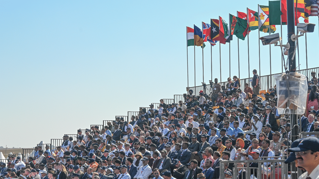 Visitors at Aero India 2023 air show inaugural programme at Air Force Station Yelahanka in Bengaluru. Credit: DH Photo