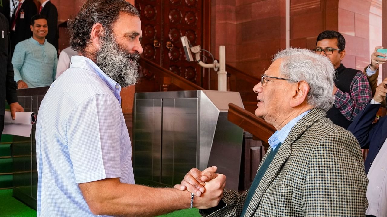 Congress MP Rahul Gandhi and CPI (M) General Secretary Sitaram Yechury at Parliament House complex during Budget Session. Credit: PTI Photo