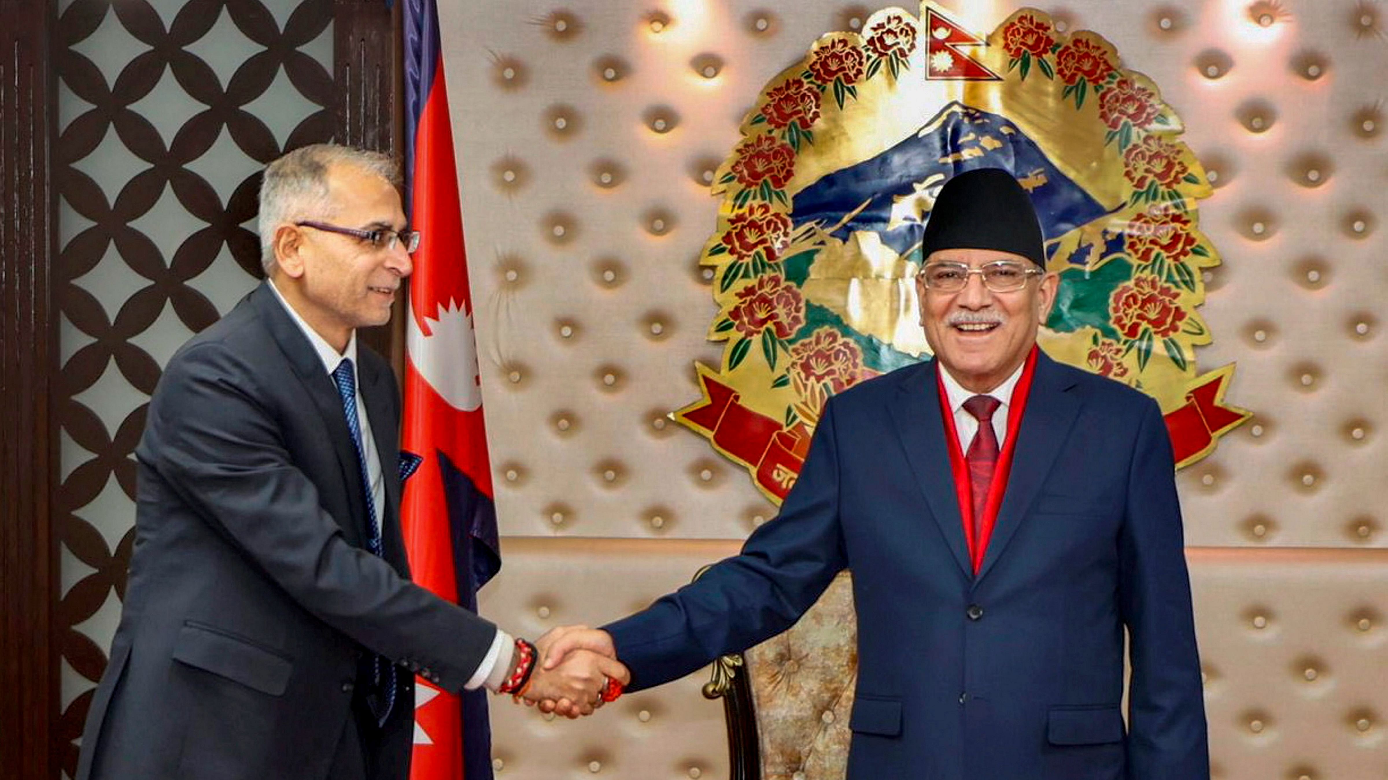 Kathmandu: Nepalese Prime Minister Pushpakamal Dahal “Prahanda” with Indian Foreign Secretary Vinay Kwatra. Credit: PTI Photo