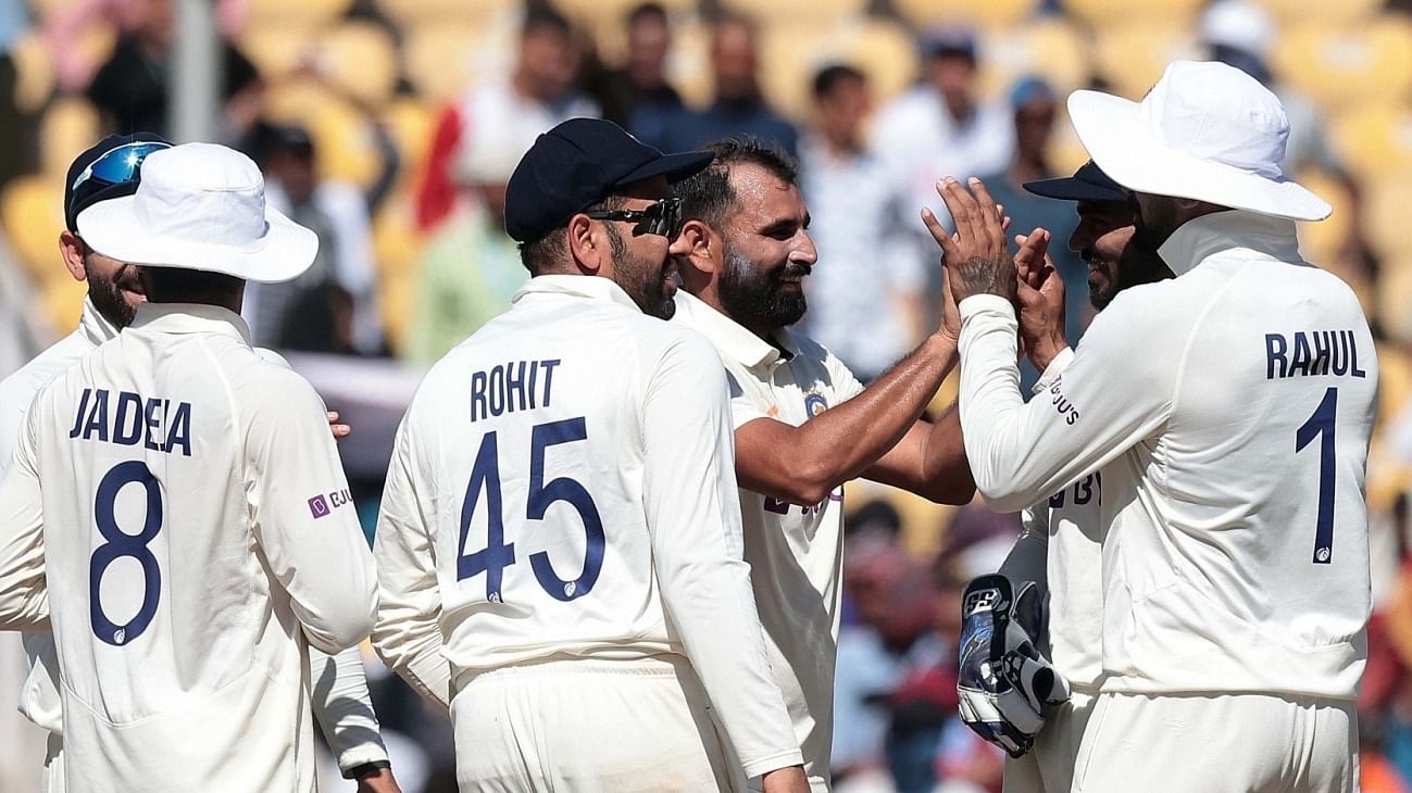Mohammed Shami,celebrate with teammates after the dismissal of Australia's Scott Boland during the third day of the first cricket test match between India and Australia in Nagpur, on Saturday, Feb. 11, 2023. Credit: IANS Photo